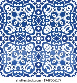 Ornamental azulejo portugal tiles decor. Vector seamless pattern concept. Graphic design. Blue gorgeous flower folk print for linens, smartphone cases, scrapbooking, bags or T-shirts.