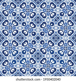 Ornamental azulejo portugal tiles decor. Vector seamless pattern flyer. Bathroom design. Blue gorgeous flower folk print for linens, smartphone cases, scrapbooking, bags or T-shirts.