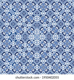 Ornamental azulejo portugal tiles decor. Vector seamless pattern flyer. Bathroom design. Blue gorgeous flower folk print for linens, smartphone cases, scrapbooking, bags or T-shirts.