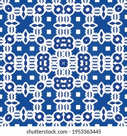 Ornamental azulejo portugal tiles decor. Fashionable design. Vector seamless pattern texture. Blue gorgeous flower folk print for linens, smartphone cases, scrapbooking, bags or T-shirts.
