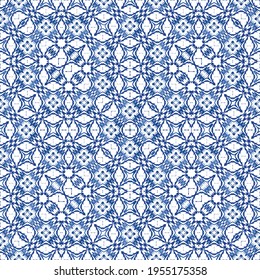 Ornamental azulejo portugal tiles decor. Vector seamless pattern trellis. Minimal design. Blue gorgeous flower folk print for linens, smartphone cases, scrapbooking, bags or T-shirts.