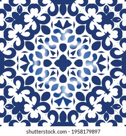 Ornamental azulejo portugal tiles decor. Colored design. Vector seamless pattern flyer. Blue gorgeous flower folk print for linens, smartphone cases, scrapbooking, bags or T-shirts.