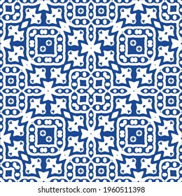 Ornamental azulejo portugal tiles decor. Bathroom design. Vector seamless pattern collage. Blue gorgeous flower folk print for linens, smartphone cases, scrapbooking, bags or T-shirts.