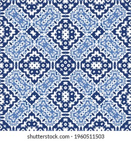 Ornamental azulejo portugal tiles decor. Colored design. Vector seamless pattern arabesque. Blue gorgeous flower folk print for linens, smartphone cases, scrapbooking, bags or T-shirts.