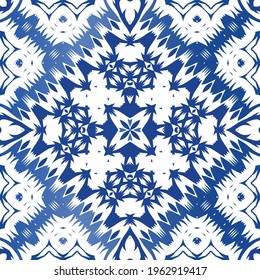 Ornamental azulejo portugal tiles decor. Vector seamless pattern trellis. Minimal design. Blue gorgeous flower folk print for linens, smartphone cases, scrapbooking, bags or T-shirts.