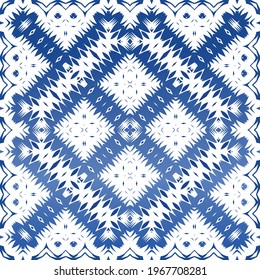 Ornamental azulejo portugal tiles decor. Vector seamless pattern trellis. Minimal design. Blue gorgeous flower folk print for linens, smartphone cases, scrapbooking, bags or T-shirts.