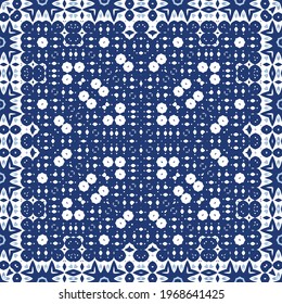 Ornamental azulejo portugal tiles decor. Graphic design. Vector seamless pattern texture. Blue gorgeous flower folk print for linens, smartphone cases, scrapbooking, bags or T-shirts.