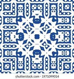 Ornamental azulejo portugal tiles decor. Bathroom design. Vector seamless pattern collage. Blue gorgeous flower folk print for linens, smartphone cases, scrapbooking, bags or T-shirts.