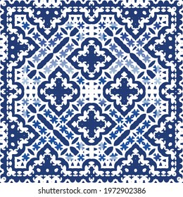Ornamental azulejo portugal tiles decor. Colored design. Vector seamless pattern arabesque. Blue gorgeous flower folk print for linens, smartphone cases, scrapbooking, bags or T-shirts.