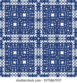Ornamental azulejo portugal tiles decor. Graphic design. Vector seamless pattern texture. Blue gorgeous flower folk print for linens, smartphone cases, scrapbooking, bags or T-shirts.