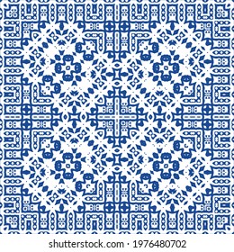 Ornamental azulejo portugal tiles decor. Bathroom design. Vector seamless pattern collage. Blue gorgeous flower folk print for linens, smartphone cases, scrapbooking, bags or T-shirts.