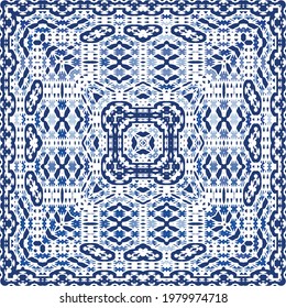 Ornamental azulejo portugal tiles decor. Colored design. Vector seamless pattern arabesque. Blue gorgeous flower folk print for linens, smartphone cases, scrapbooking, bags or T-shirts.