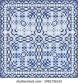 Ornamental azulejo portugal tiles decor. Colored design. Vector seamless pattern arabesque. Blue gorgeous flower folk print for linens, smartphone cases, scrapbooking, bags or T-shirts.