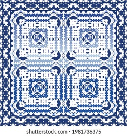 Ornamental azulejo portugal tiles decor. Colored design. Vector seamless pattern arabesque. Blue gorgeous flower folk print for linens, smartphone cases, scrapbooking, bags or T-shirts.