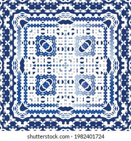 Ornamental azulejo portugal tiles decor. Colored design. Vector seamless pattern arabesque. Blue gorgeous flower folk print for linens, smartphone cases, scrapbooking, bags or T-shirts.