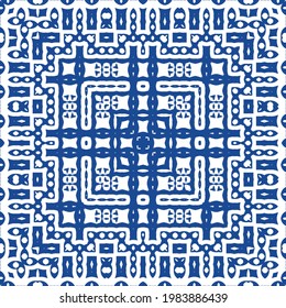 Ornamental azulejo portugal tiles decor. Bathroom design. Vector seamless pattern collage. Blue gorgeous flower folk print for linens, smartphone cases, scrapbooking, bags or T-shirts.