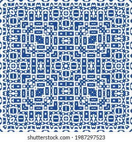 Ornamental azulejo portugal tiles decor. Bathroom design. Vector seamless pattern collage. Blue gorgeous flower folk print for linens, smartphone cases, scrapbooking, bags or T-shirts.