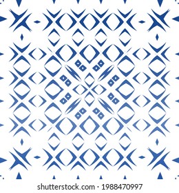 Ornamental azulejo portugal tiles decor. Vector seamless pattern trellis. Minimal design. Blue gorgeous flower folk print for linens, smartphone cases, scrapbooking, bags or T-shirts.
