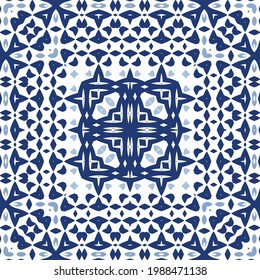 Ornamental azulejo portugal tiles decor. Graphic design. Vector seamless pattern texture. Blue gorgeous flower folk print for linens, smartphone cases, scrapbooking, bags or T-shirts.