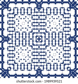 Ornamental azulejo portugal tiles decor. Colored design. Vector seamless pattern flyer. Blue gorgeous flower folk print for linens, smartphone cases, scrapbooking, bags or T-shirts.