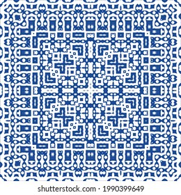 Ornamental azulejo portugal tiles decor. Bathroom design. Vector seamless pattern collage. Blue gorgeous flower folk print for linens, smartphone cases, scrapbooking, bags or T-shirts.