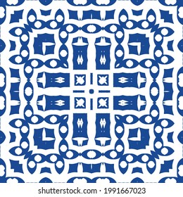 Ornamental azulejo portugal tiles decor. Bathroom design. Vector seamless pattern collage. Blue gorgeous flower folk print for linens, smartphone cases, scrapbooking, bags or T-shirts.