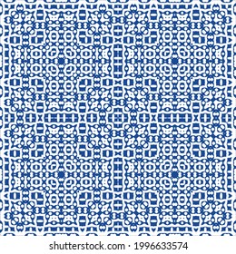 Ornamental azulejo portugal tiles decor. Bathroom design. Vector seamless pattern collage. Blue gorgeous flower folk print for linens, smartphone cases, scrapbooking, bags or T-shirts.