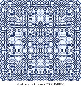 Ornamental azulejo portugal tiles decor. Graphic design. Vector seamless pattern texture. Blue gorgeous flower folk print for linens, smartphone cases, scrapbooking, bags or T-shirts.