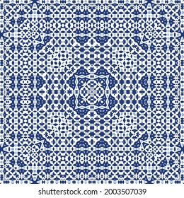 Ornamental azulejo portugal tiles decor. Graphic design. Vector seamless pattern texture. Blue gorgeous flower folk print for linens, smartphone cases, scrapbooking, bags or T-shirts.