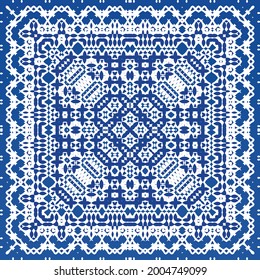 Ornamental azulejo portugal tiles decor. Fashionable design. Vector seamless pattern texture. Blue gorgeous flower folk print for linens, smartphone cases, scrapbooking, bags or T-shirts.