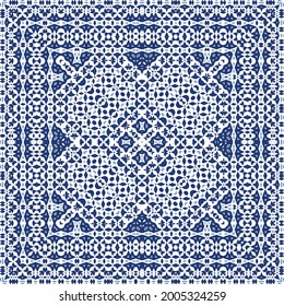 Ornamental azulejo portugal tiles decor. Graphic design. Vector seamless pattern texture. Blue gorgeous flower folk print for linens, smartphone cases, scrapbooking, bags or T-shirts.