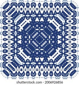 Ornamental azulejo portugal tiles decor. Graphic design. Vector seamless pattern texture. Blue gorgeous flower folk print for linens, smartphone cases, scrapbooking, bags or T-shirts.