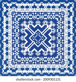 Ornamental azulejo portugal tiles decor. Fashionable design. Vector seamless pattern texture. Blue gorgeous flower folk print for linens, smartphone cases, scrapbooking, bags or T-shirts.