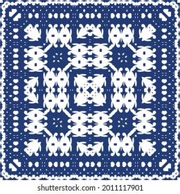 Ornamental azulejo portugal tiles decor. Colored design. Vector seamless pattern arabesque. Blue gorgeous flower folk print for linens, smartphone cases, scrapbooking, bags or T-shirts.