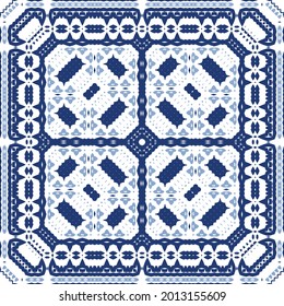 Ornamental azulejo portugal tiles decor. Graphic design. Vector seamless pattern texture. Blue gorgeous flower folk print for linens, smartphone cases, scrapbooking, bags or T-shirts.