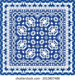 Ornamental azulejo portugal tiles decor. Fashionable design. Vector seamless pattern texture. Blue gorgeous flower folk print for linens, smartphone cases, scrapbooking, bags or T-shirts.