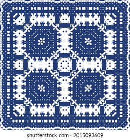 Ornamental azulejo portugal tiles decor. Colored design. Vector seamless pattern arabesque. Blue gorgeous flower folk print for linens, smartphone cases, scrapbooking, bags or T-shirts.