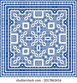 Ornamental azulejo portugal tiles decor. Bathroom design. Vector seamless pattern collage. Blue gorgeous flower folk print for linens, smartphone cases, scrapbooking, bags or T-shirts.