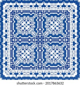 Ornamental azulejo portugal tiles decor. Fashionable design. Vector seamless pattern texture. Blue gorgeous flower folk print for linens, smartphone cases, scrapbooking, bags or T-shirts.
