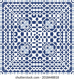 Ornamental azulejo portugal tiles decor. Graphic design. Vector seamless pattern texture. Blue gorgeous flower folk print for linens, smartphone cases, scrapbooking, bags or T-shirts.