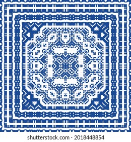 Ornamental azulejo portugal tiles decor. Bathroom design. Vector seamless pattern collage. Blue gorgeous flower folk print for linens, smartphone cases, scrapbooking, bags or T-shirts.