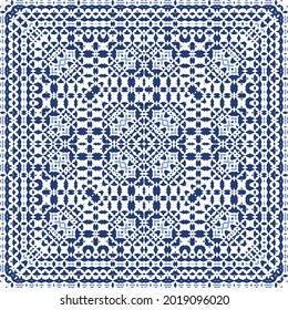 Ornamental azulejo portugal tiles decor. Graphic design. Vector seamless pattern texture. Blue gorgeous flower folk print for linens, smartphone cases, scrapbooking, bags or T-shirts.