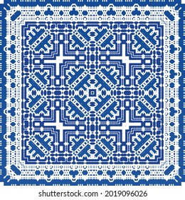 Ornamental azulejo portugal tiles decor. Fashionable design. Vector seamless pattern texture. Blue gorgeous flower folk print for linens, smartphone cases, scrapbooking, bags or T-shirts.