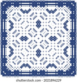 Ornamental azulejo portugal tiles decor. Colored design. Vector seamless pattern arabesque. Blue gorgeous flower folk print for linens, smartphone cases, scrapbooking, bags or T-shirts.