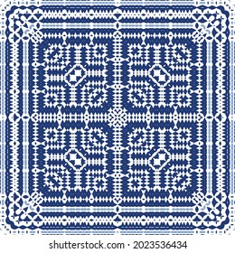 Ornamental azulejo portugal tiles decor. Graphic design. Vector seamless pattern texture. Blue gorgeous flower folk print for linens, smartphone cases, scrapbooking, bags or T-shirts.