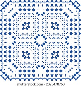 Ornamental azulejo portugal tiles decor. Bathroom design. Vector seamless pattern collage. Blue gorgeous flower folk print for linens, smartphone cases, scrapbooking, bags or T-shirts.