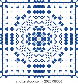 Ornamental azulejo portugal tiles decor. Bathroom design. Vector seamless pattern collage. Blue gorgeous flower folk print for linens, smartphone cases, scrapbooking, bags or T-shirts.