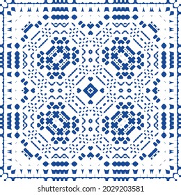 Ornamental azulejo portugal tiles decor. Bathroom design. Vector seamless pattern collage. Blue gorgeous flower folk print for linens, smartphone cases, scrapbooking, bags or T-shirts.