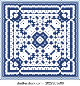 Ornamental azulejo portugal tiles decor. Graphic design. Vector seamless pattern texture. Blue gorgeous flower folk print for linens, smartphone cases, scrapbooking, bags or T-shirts.