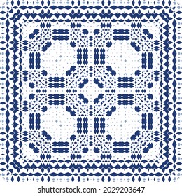 Ornamental azulejo portugal tiles decor. Graphic design. Vector seamless pattern texture. Blue gorgeous flower folk print for linens, smartphone cases, scrapbooking, bags or T-shirts.